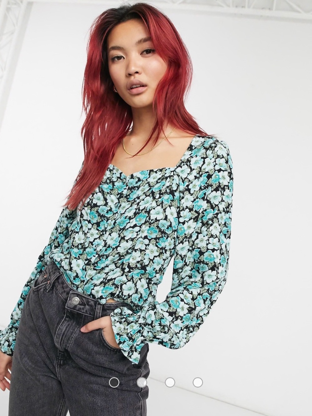 & Other Stories Black Floral Button-Front Blouse with Teal Accents